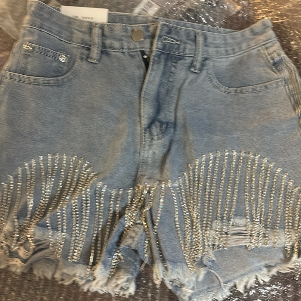 NWT Blue Jean Shorts with Rhinestone Fringe